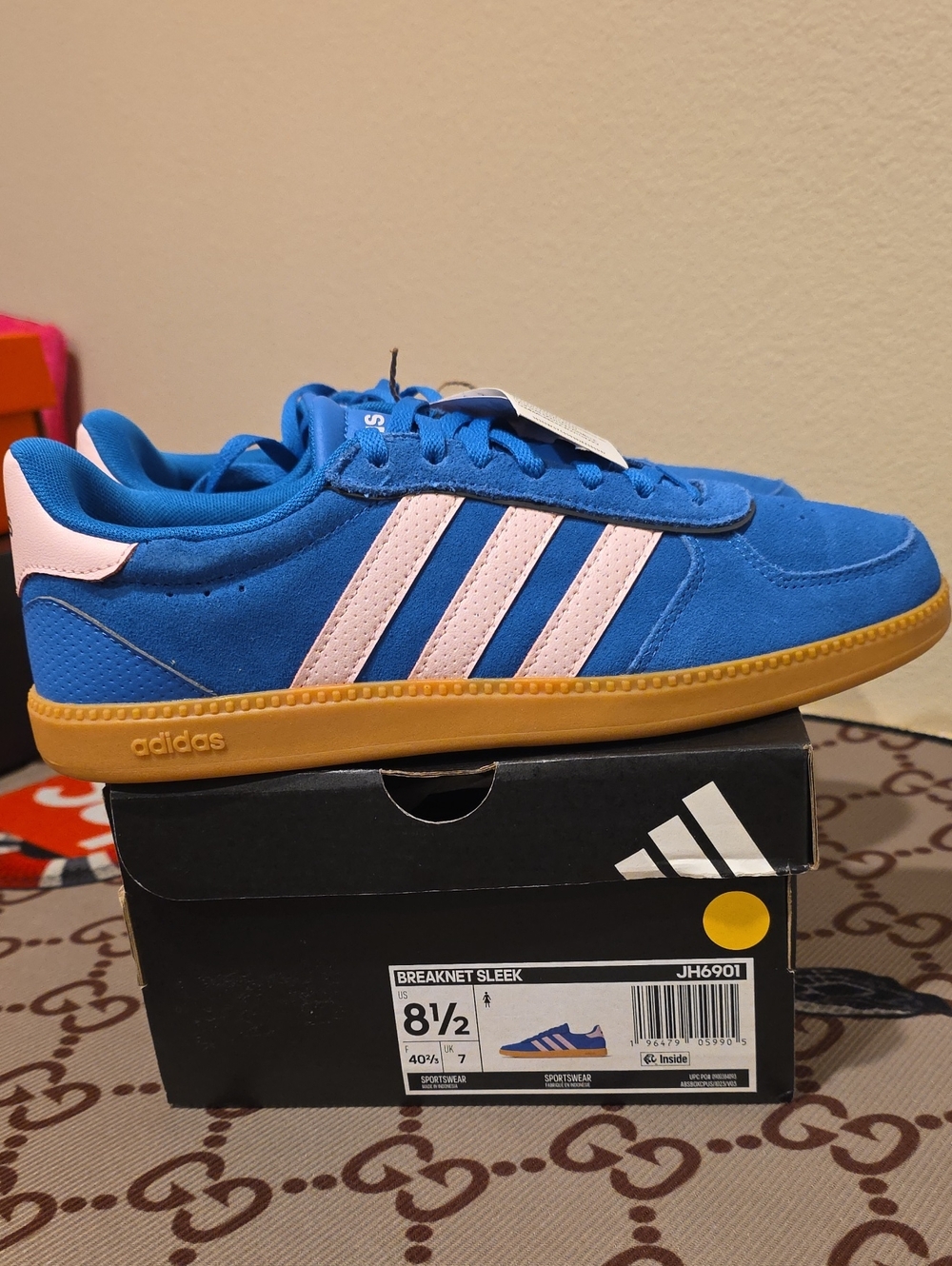 adidas Breaknet Sleek Blue with Light Pink Three-Stripe Sneakers Size 8.5 Womens